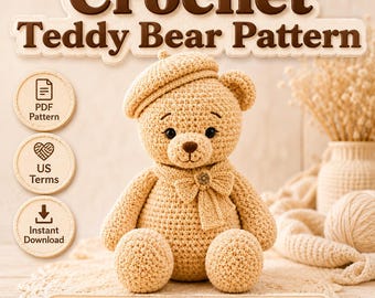 Patrón de oso de peluche a crochet en PDF, juguete de peluche amigurumi, patrón de oso de peluche con boina para regalo de bebé