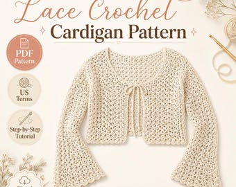 Crochet Cardigan Pattern PDF, Tie Front Lace Crochet Sweater, Bell Sleeve Cardigan, Summer Cover Up