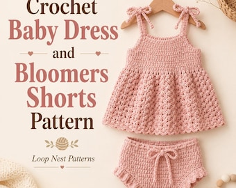 Patrón de vestido de bebé a crochet, bombachos cortos en PDF, patrón de conjunto de verano para bebé a crochet, top con tirantes anudados, 0-3 meses