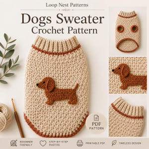 May include: A crochet pattern for a dog sweater. The beige sweater features a brown dachshund applique. The design includes a ribbed collar and trim. The image also shows detail shots of the sweater and includes the text "Dogs Sweater Crochet Pattern".