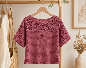 Patrón de top de verano a crochet, suéter de encaje rosa empolvado en PDF, top de crochet fácil para mujer, detalle de flor amigurumi