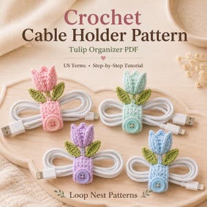 Crochet Cable Holder Pattern, Tulip Cord Organizer PDF, Cute Cord Wrap Crochet Pattern, Button Closure Tech Gift