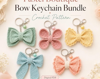 Crochet Bow Keychain Pattern PDF, Pastel Bow Bag Charm Crochet Pattern, Cute Keyring Gift, 5 Bow Bundle