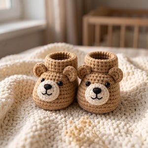 Può includere: Un paio di scarpine da neonato all'uncinetto fatte a mano a forma di orsetti. Le scarpine sono color beige con facce color crema, occhi neri e naso nero. Sono appoggiate su una coperta color crema.