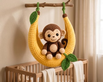 Patrón de ganchillo de mono en PDF, juguete amigurumi de mono con columpio de plátano, patrón de animal de ganchillo fácil, regalo para bebé