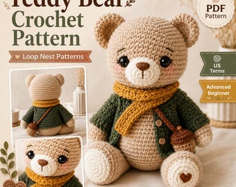 Patrón de ganchillo de osito de peluche en PDF, juguete de oso amigurumi, patrón de peluche para principiantes, regalo de ganchillo para bebé