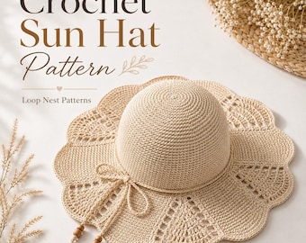 Patrón de gorro de sol a crochet en PDF, gorro de verano de ala ancha, patrón de gorro de playa a crochet, accesorio de verano a crochet