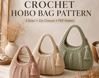 Patrón PDF para bolso hobo de ganchillo, bolso holgado con cremallera, 3 tamaños, patrón fácil para bolso de mano de ganchillo