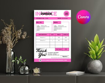 Rosa fakturamall Canva, redigerbar fakturablankett, faktura för småföretag, A4 US Letter, söt modern fakturamall, direktnedladdning