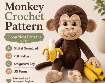 Patrón de ganchillo de mono fácil para amigurumi en PDF, patrón de ganchillo de mono apto para principiantes, linda idea de regalo de peluche.