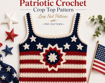 Patrón de top de ganchillo de EE. UU., top corto patriótico con diseño de estrella para el 4 de julio en PDF, camiseta de ganchillo de verano para mujer