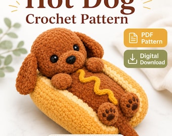 Patrón de ganchillo de perrito caliente amigurumi de perro salchicha en PDF, peluche divertido con juego de palabras sobre comida para perros, patrón de ganchillo para principiantes