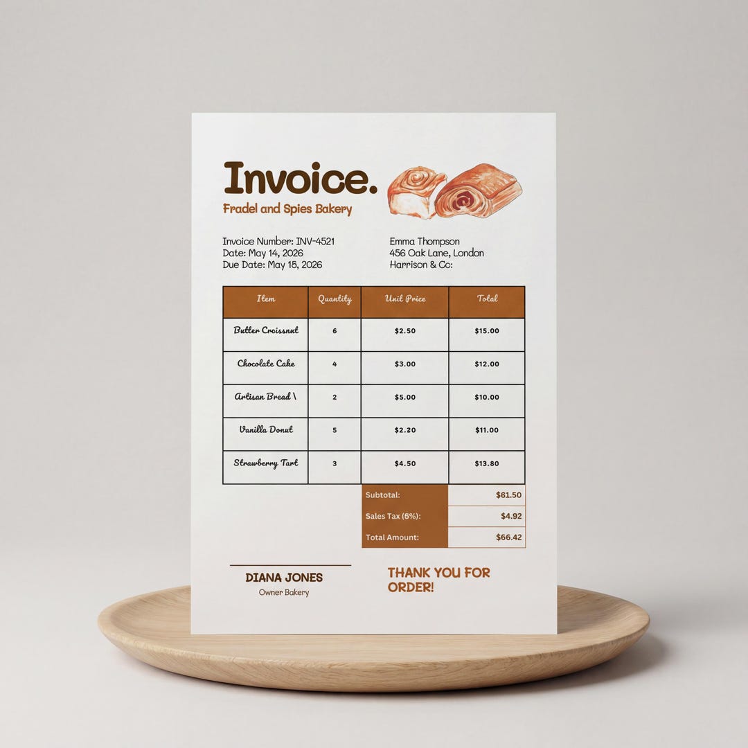 Bakery Invoice Template, Digital Billing Template for Small Bake Shop ...