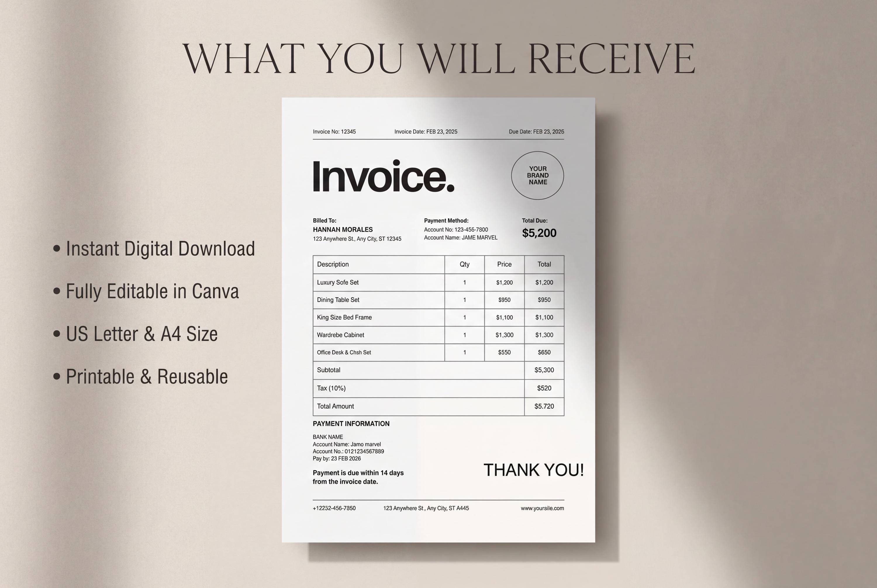 Editable Invoice Template for Small Business, Printable Billing Form ...