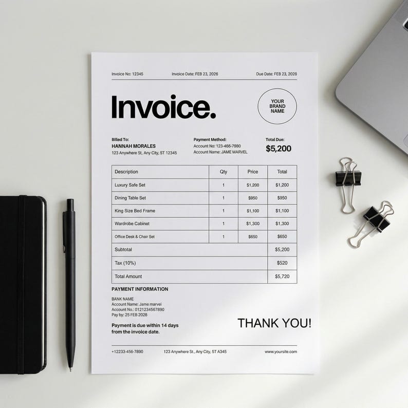 Bed Invoice Example Editable Invoice Template for Small Business, Printable Billing Form ...