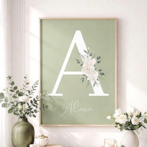 Olive Green Nursery Wall Art, Custom Baby Name Print, Minimal Initial Poster, Neutral Baby Room Decor, Personalized Digital Download