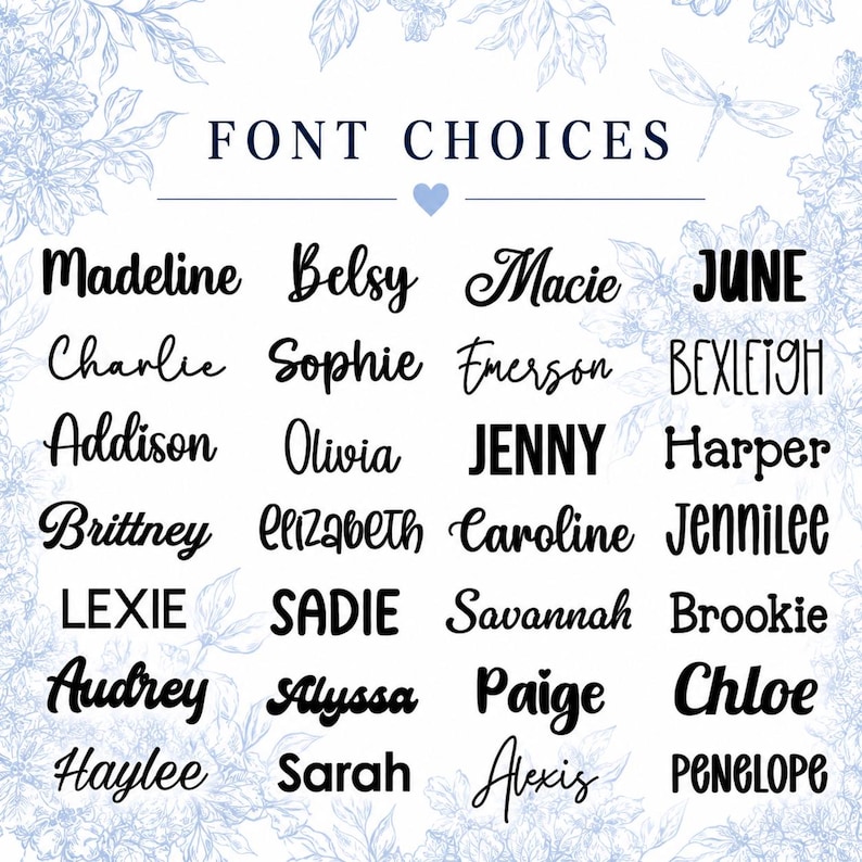 Może przedstawiać: Tabela wyboru czcionek z tekstem FONT CHOICES na g&oacute;rze, po kt&oacute;rej następuje siatka dwudziestu czterech imion napisanych r&oacute;żnymi czarnymi stylami typograficznymi, w tym czcionkami skryptowymi, szeryfowymi i bezszeryfowymi na białym tle.