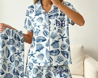 Coastal Girls Trip Pajamas | Personalized Beach Pajama Set | Matching Bachelorette PJs | Shell Print Bridal Party Pajamas | Vacation Pajamas