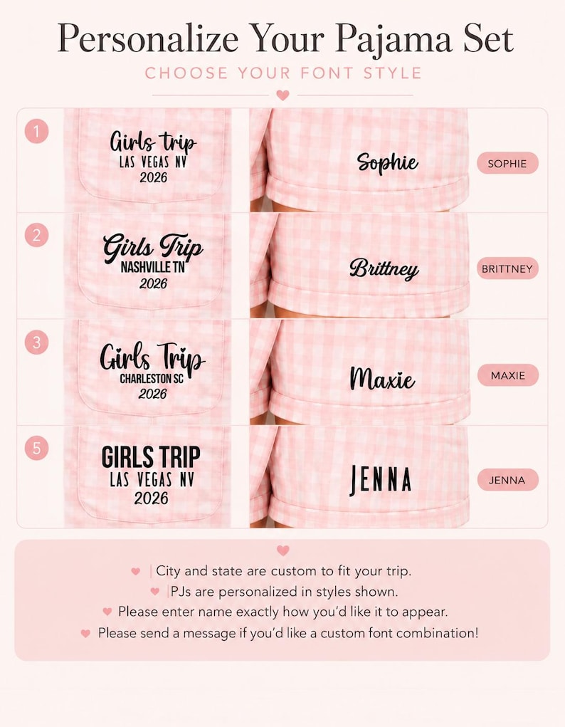Może przedstawiać: Przewodnik personalizacji zestawu piżam w r&oacute;żowo-białą kratkę z pięcioma numerowanymi opcjami czcionek. Tekst zawiera Personalize Your Pajama Set, Choose Your Font Style, Girls Trip, Las Vegas NV 2026, Nashville TN, Charleston SC oraz imiona.