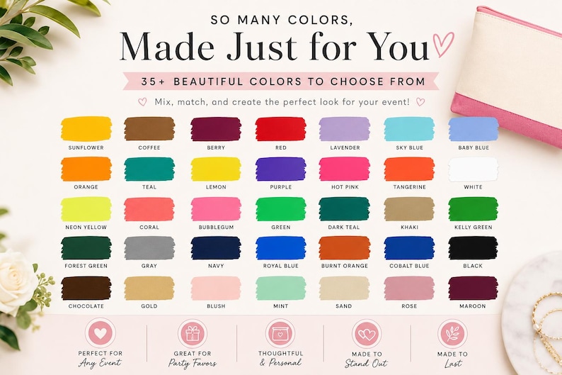 Może przedstawiać: Wzornik kolor&oacute;w przedstawiający ponad 35 pr&oacute;bek farb z etykietami takimi jak Sunflower, Coffee, Berry, Red, Lavender, Sky Blue, Baby Blue, Orange, Teal, Lemon, Purple, Hot Pink, Tangerine, White, Neon Yellow, Coral, Bubblegum, Green, Dark Teal, Khaki, Kelly Green, Forest Green, Gray, Navy, Royal Blue, Burnt Orange, Cobalt Blue, Black, Chocolate, Gold, Blush, Mint, Sand, Rose oraz Maroon.