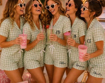 Personalized Gingham Pajama Set | Matching Girls Trip Pajamas | Cute Vacation Lounge Set | Bachelorette Party PJs | Beach Trip Sleepwear