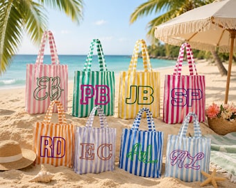 Personalized Striped Tote Bag | Custom Monogram Beach Bag | Girls Trip Tote | Bridesmaid Gift | Preppy Pool Bag | Vacation Tote