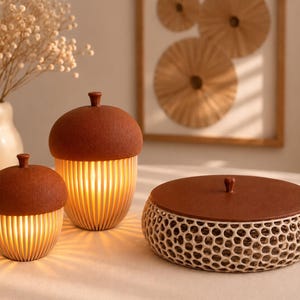 May include: Two acorn-shaped lamps with textured brown caps and slatted cream bases emitting a warm glow, alongside a round, flat container with a brown lid and a cream-coloured, honeycomb-patterned base, all arranged on a flat surface.