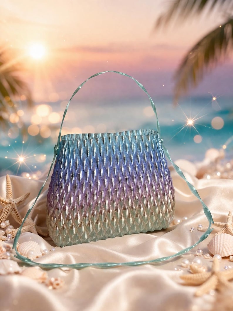 May include: A translucent bucket bag featuring a textured, diamond-patterned surface with a gradient colour transition from light blue at the top to purple in the middle and light green at the base, complete with a thin, matching shoulder strap.