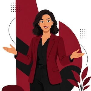 Op de afbeelding: Een digitale illustratie van een persoon met donker golvend haar, gekleed in een donkerrode blazer over een zwart overhemd en een zwarte broek. De persoon staat met gespreide armen voor een rood en zwart geometrisch achtergrondontwerp met een bureau, mok en plant.