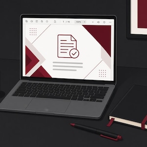 May include: A laptop displaying a document icon with a checkmark on its screen, accompanied by a black mug, a pen holder with two pens, a closed notebook with a red elastic band, and a single pen, all featuring a dark grey and maroon colour scheme.