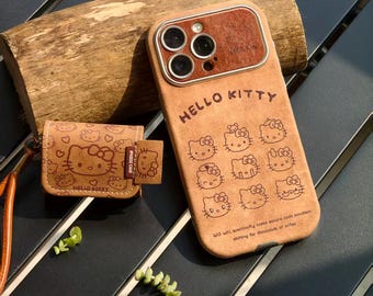 Niedliches Vintage-Katzen-Set: iPhone- und AirPods-Hüllen – Braunes Leder, verspieltes Technik-Accessoire, Retro-Kawaii-Katzen-Geschenk für Sie (2026)