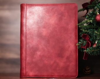 Custom Vintage Red PU Leather Portfolios, 13.5 Inch Laptop RFID Organizer, Fits A4 & Legal Paper, Christmas Anniversary Corporate Bulk Gift