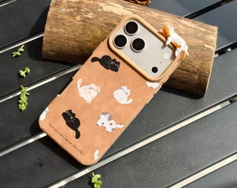Vintage Cute Cat Leather iPhone Case with 3D Sleeping Kitten Charm, Cat Lover Gift for iPhone 12-17 Pro Max,Sweet Gift for Cat Lovers