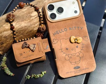 Coffret Hello Kitty Coquette Tech Bundle, étui iPhone + AirPods avec nœud en strass, coffret cadeau rétro en cuir végan pour les fans de Hello Kitty