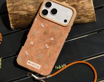 Vintage Ditsy Floral Leather iPhone Case with Wrist Strap, Cottagecore Wildflower Phone Cover, Gift for Her for iPhone 12-17 Pro Max 2026