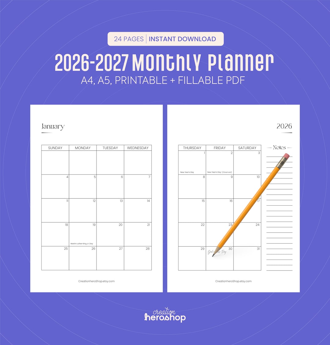 2026 Monthly Planner Printable, Fillable PDF, A4 A5 (instant Download