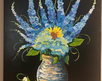 Słonecznik w ceramicznym wazonie - 18 x 24 - Oryginalne martwe natury malowane farbami akrylowymi.