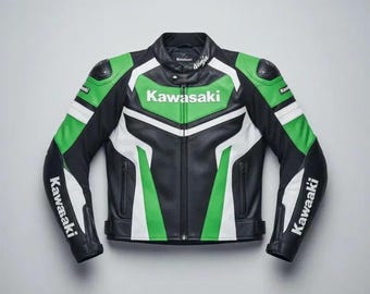 Kawasaki Men’s Green & Black Genuine Cowhide Leather Biker Racing Motorcycle Jacket
