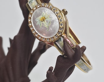 Vintage André Mouche Swiss Made Quartz Bangle Watch | Hand-Painted Enamel Edelweiss Secret Watch | Rhinestone Flip-Top Cover Cuff Bracelet