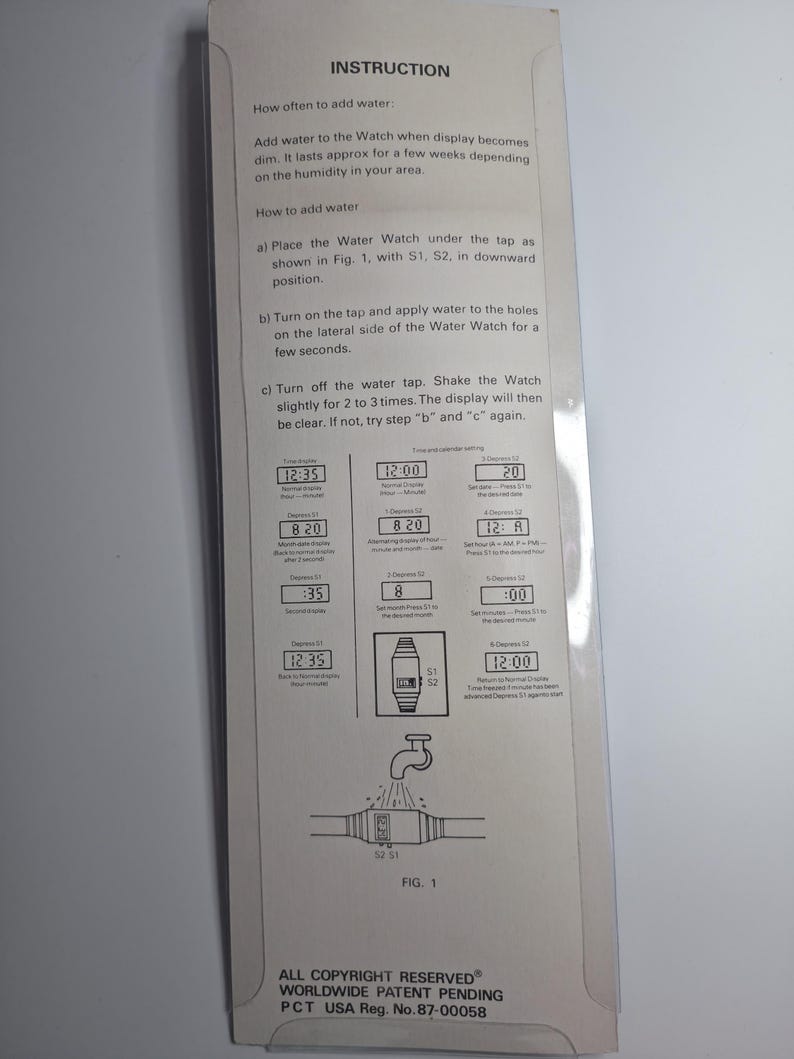May include: Instruction sheet for a Water Watch, featuring text on how to add water to the watch. The sheet includes diagrams and instructions for use. The text is in black on a white background.