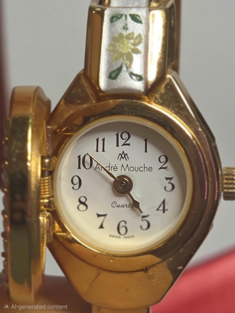 May include: Gold-plated Andr&eacute; Mouche quartz watch with a white face and black numerals. The watch has a floral design on the top and the words "Andr&eacute; Mouche" and "Swiss Made".
