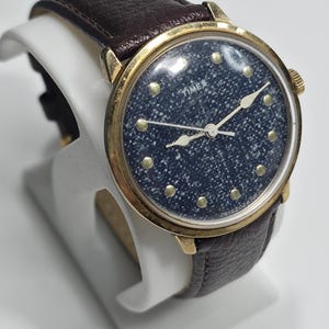 Timex Mens Watch 35mm Blue Dial Gold Tone Denim Leather Strap Manual Wind Timex Blue Dial Mens Watch - Etsy main image 4