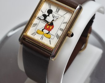 90's Vintage Lorus Mickey Mouse Tank Watch | Classic Roman Numeral Dial | New Leather Band