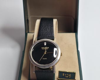 1990's Restored Vintage Helbros Invincible Watch – Minimalist Black Museum Dial with New Crystal & Band Elegant Dress Watch in Original Box