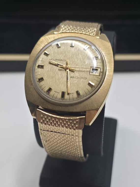 1968-1972 Serviced Vintage Swiss Voumard 2000 Back-Wind Watch – 1970s Gold Tone TV Case w/ Original Box