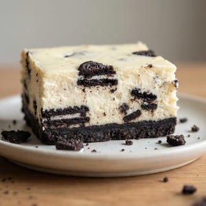 Peut inclure: Une part carrée de cheesecake avec une base de biscuits au chocolat noir, une garniture crémeuse blanche et des morceaux de biscuits au chocolat noir. Le dessert est sur une assiette blanche avec des miettes.