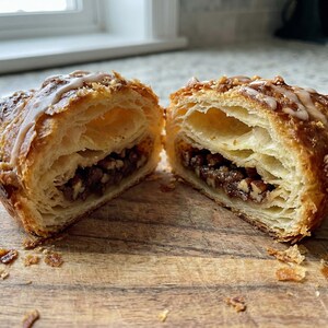 Könnte beinhalten: Eine halbierte Pekannuss-Gebäck zeigt Schichten aus Blätterteig und einer Pekannuss-Füllung. Das Gebäck ist goldbraun mit einem Guss aus weißem Zuckerguss. Auf einem Holzschneidebrett.