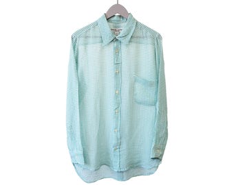 Vintage Katharine Hamnett London overhemd, dun en licht, maat L, geruit groen, casual jaren 2000, met knoopsluiting.