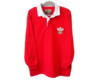 Vintage WALES Cotton Traders Rugby Shirt long sleeve T-Shirt Size L red 90s Sport Style Casual Wear Jumper