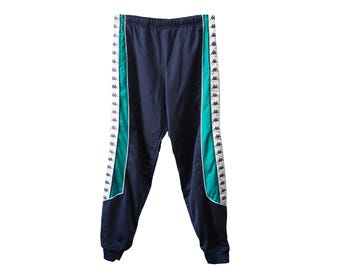 Vintage KAPPA trainingsbroek maat M, blauw, volledig logo, sportieve stijl, jaren 90, casual, lichte sportkleding.